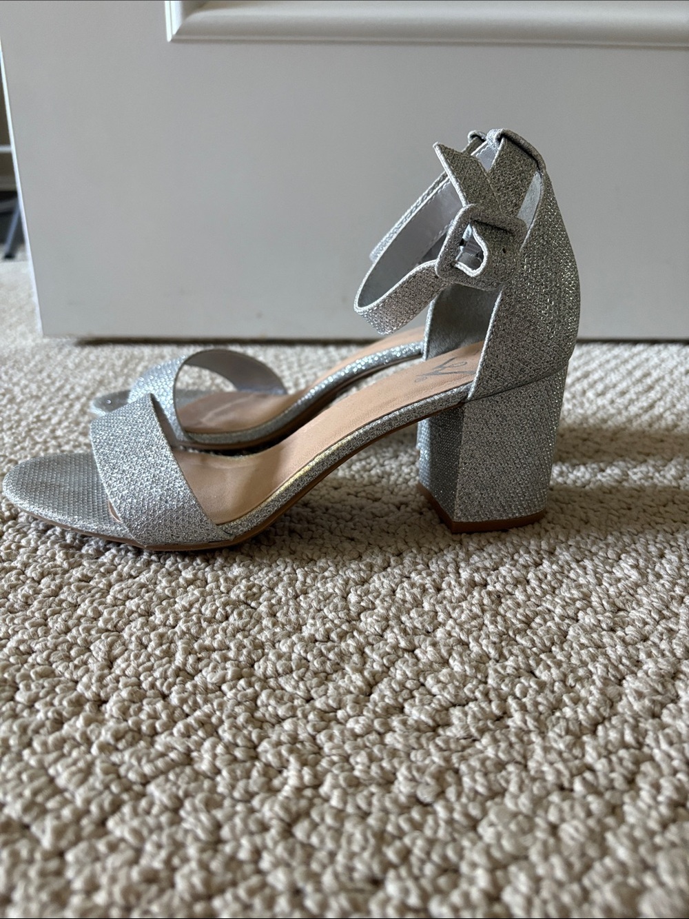 Windsor Silver Glitter Block Heel Sandals with Ankle Strap